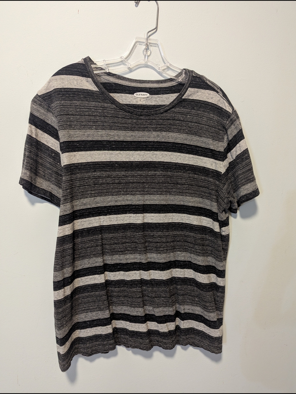 Old Navy Men’s Black and Gray Horizontal Stripe Crew Neck Tee